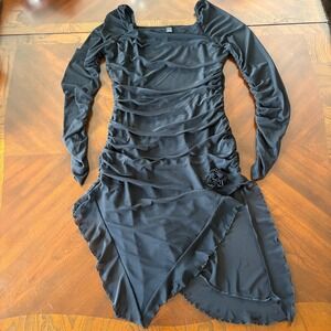 Shein Whimsigoth Black Mesh Ruched Asymmetrical Dress XL Dark Fairy Overlay